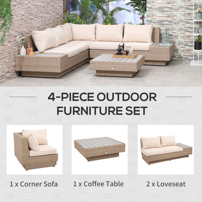 Repa Natural Rattan and Beige 5 Seater Garden Corner Sofa Set With Side Tables and Coffee Table