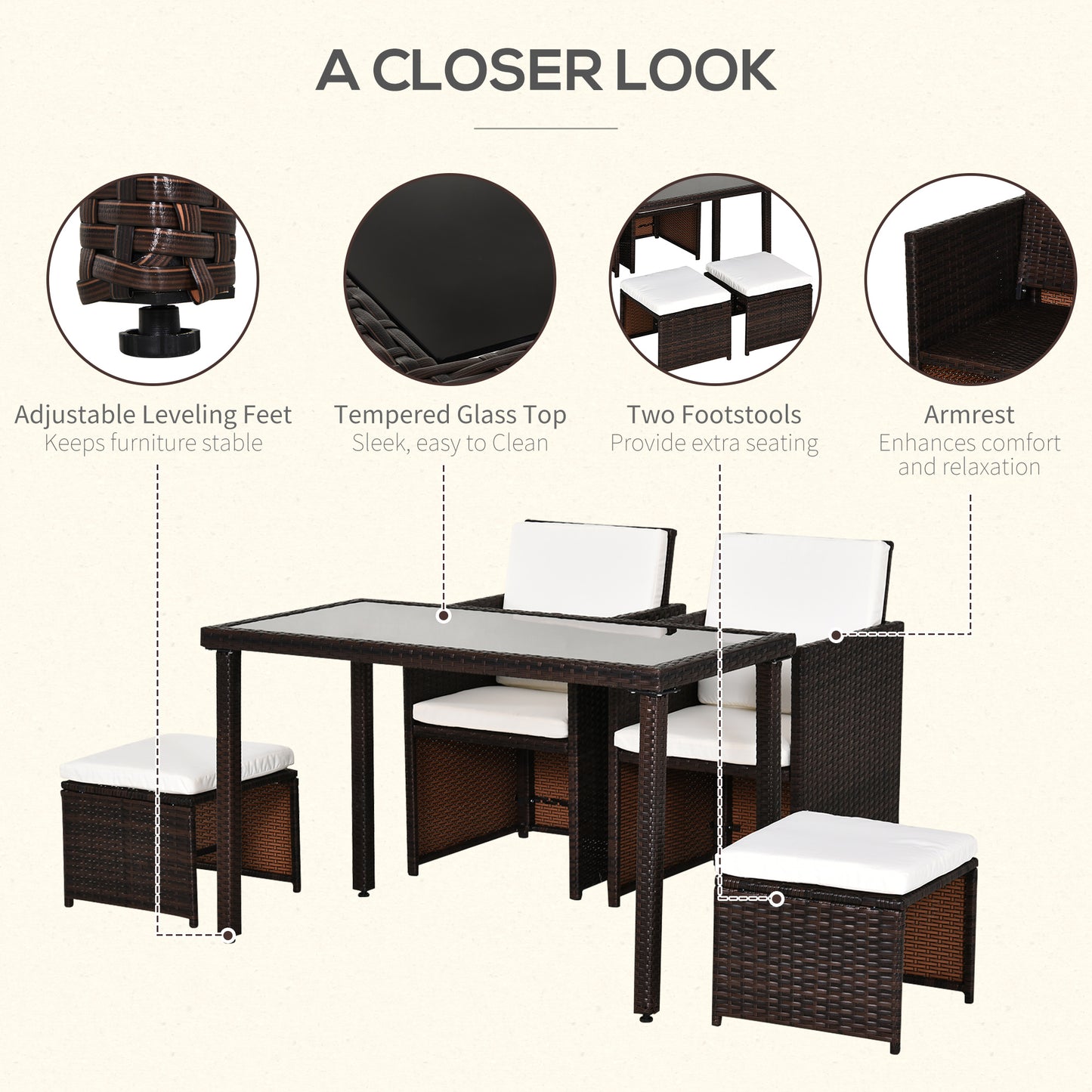 Nevani Rattan Brown 2 Seater Cube Garden Dining Set With Armchairs Stools And Rectangular Glass Table