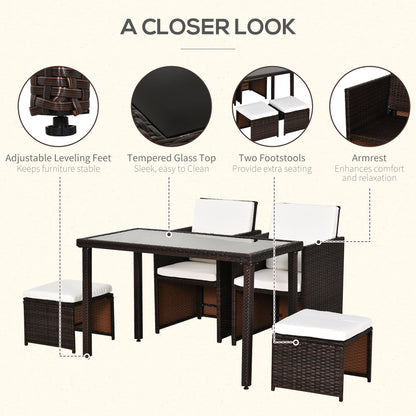 Nevani Rattan Brown 2 Seater Cube Garden Dining Set With Armchairs Stools And Rectangular Glass Table