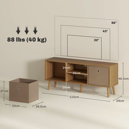 Linore 110cm Wooden Brown TV Storage Cabinet With Fabric Fold Down Drawers For Screens Up To 50 Inches