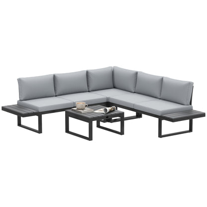 Nelire Light Grey 5 Seater Reclining Corner Garden Sofa Set With Wood Effect Table