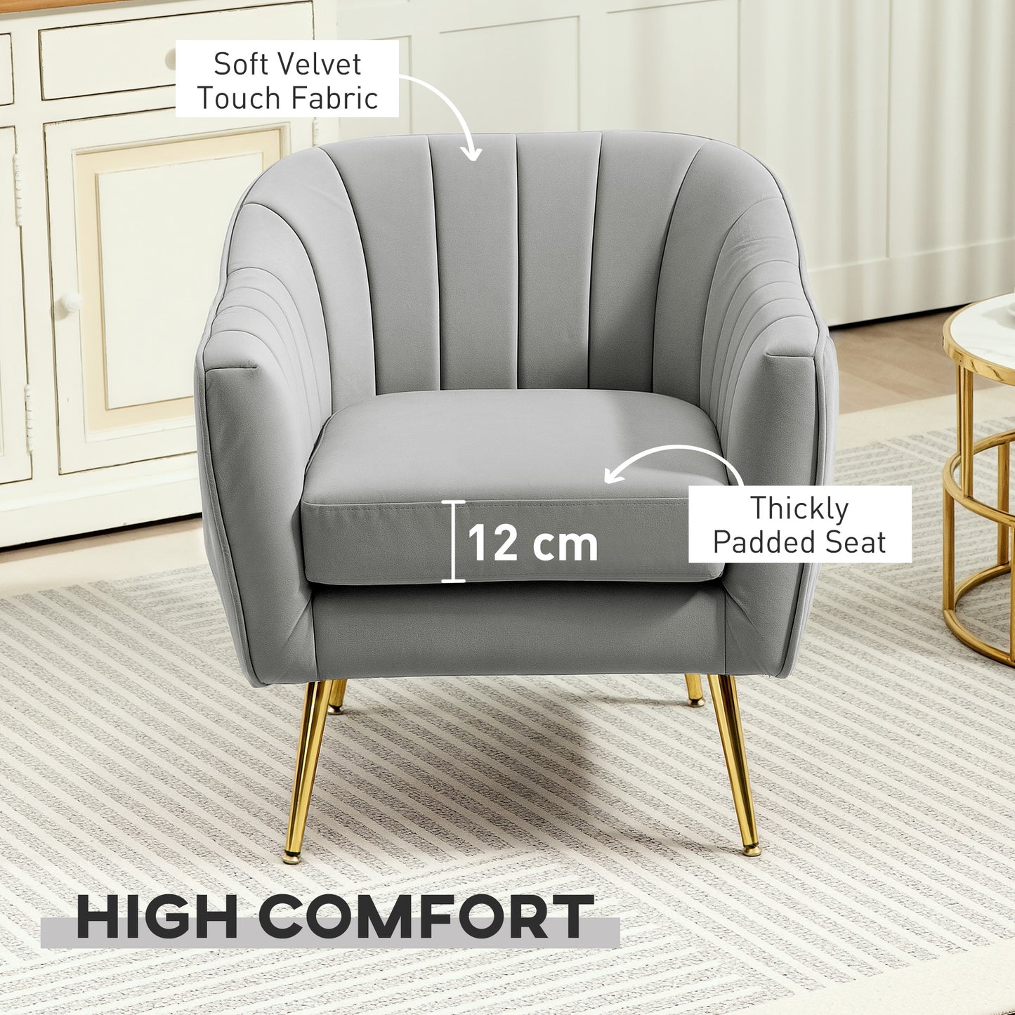 Pado Hane Velvet Grey Shell Back Accent Chair Golden Metal Legs