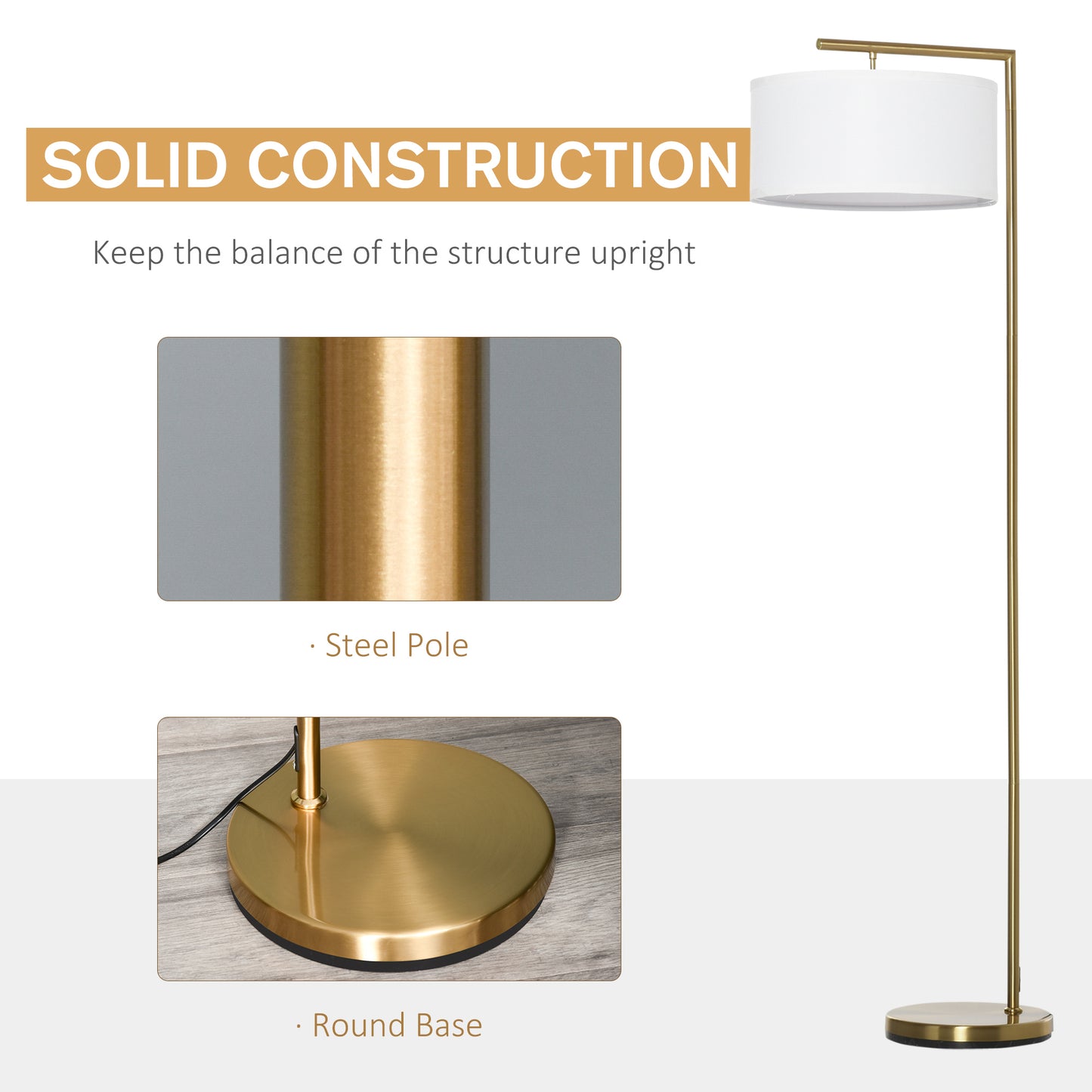 Kesu Rolo Metal And Fabric Gold And White Modern Floor Lamp With Linen Shade 153 cm