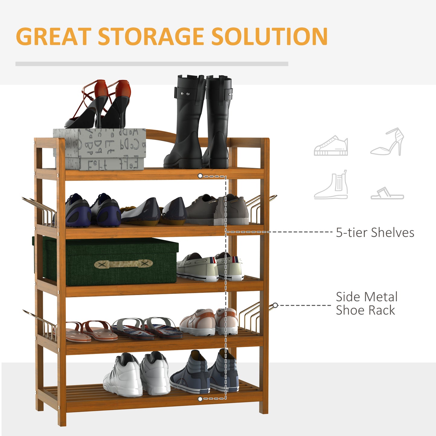 Leno Acacia Wood Teak 5 Tier Shoe Rack With Hangers For Up To 19 Pairs