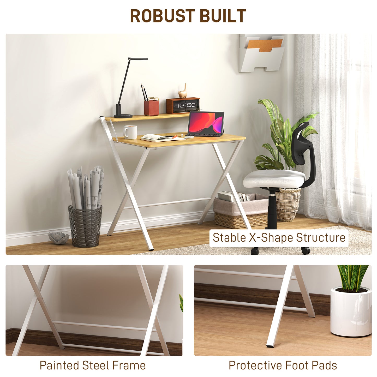 Lune 86cm Maple Wood Effect Folding Desk With 2 Tier Storage Shelves