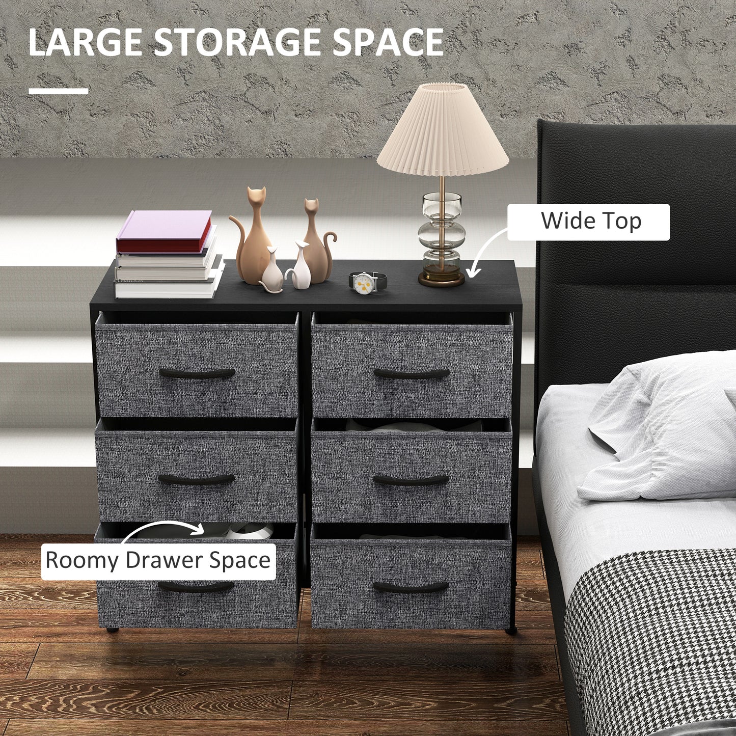Veroso Black Metal And Grey Fabric Black 6 Drawer Industrial Storage Dresser