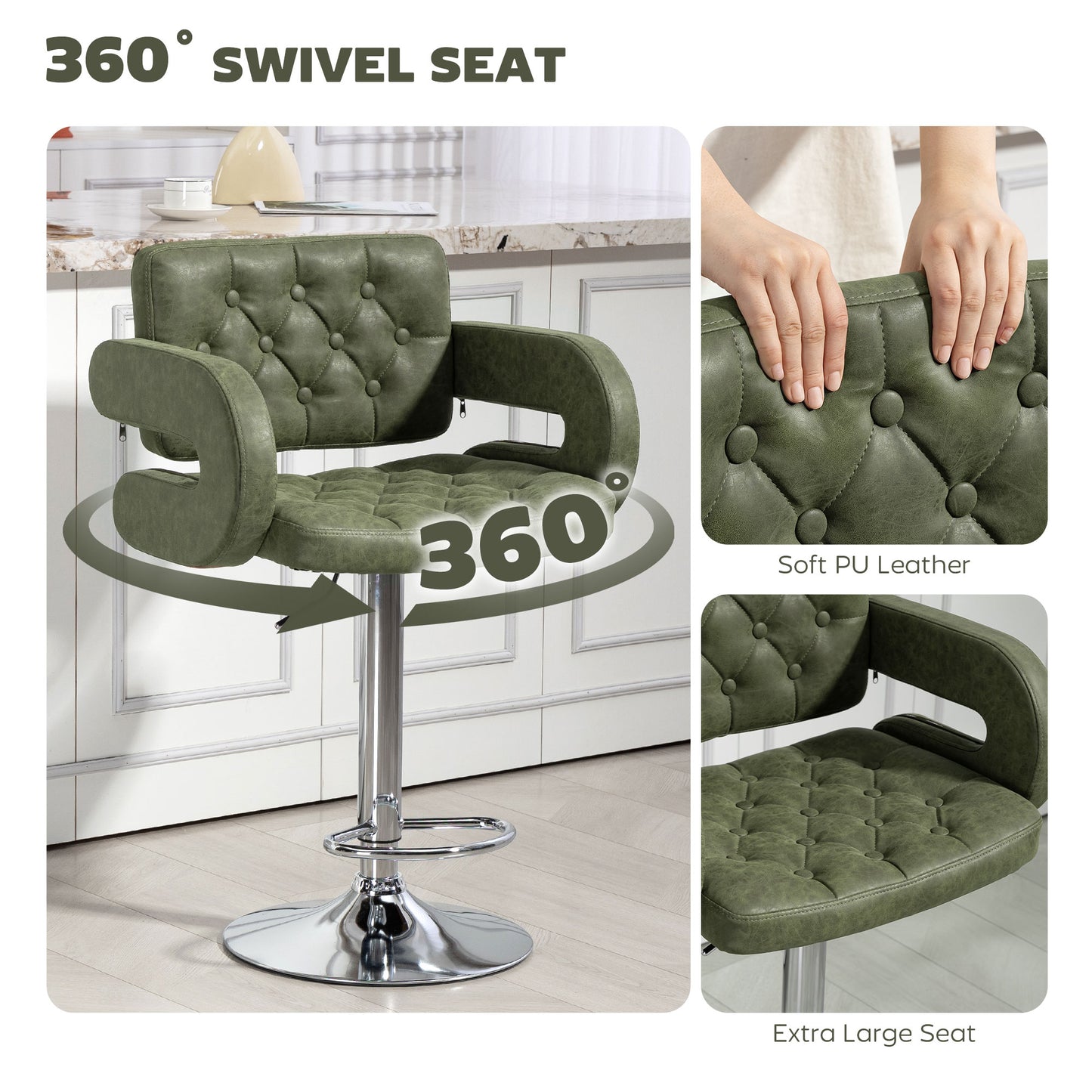 Dovetti Green Faux Leather H8 Adjustable Swivel Bar Stool With Arm Support