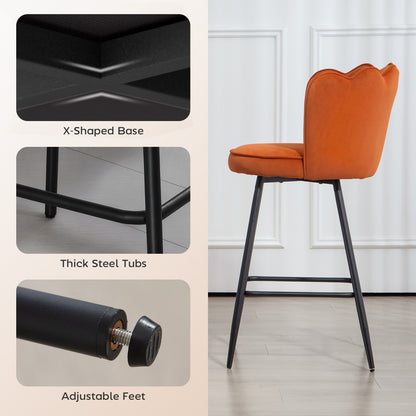 Nivi Set Of 2 Orange Velvet Upholstered Lotus Design Bar Stools