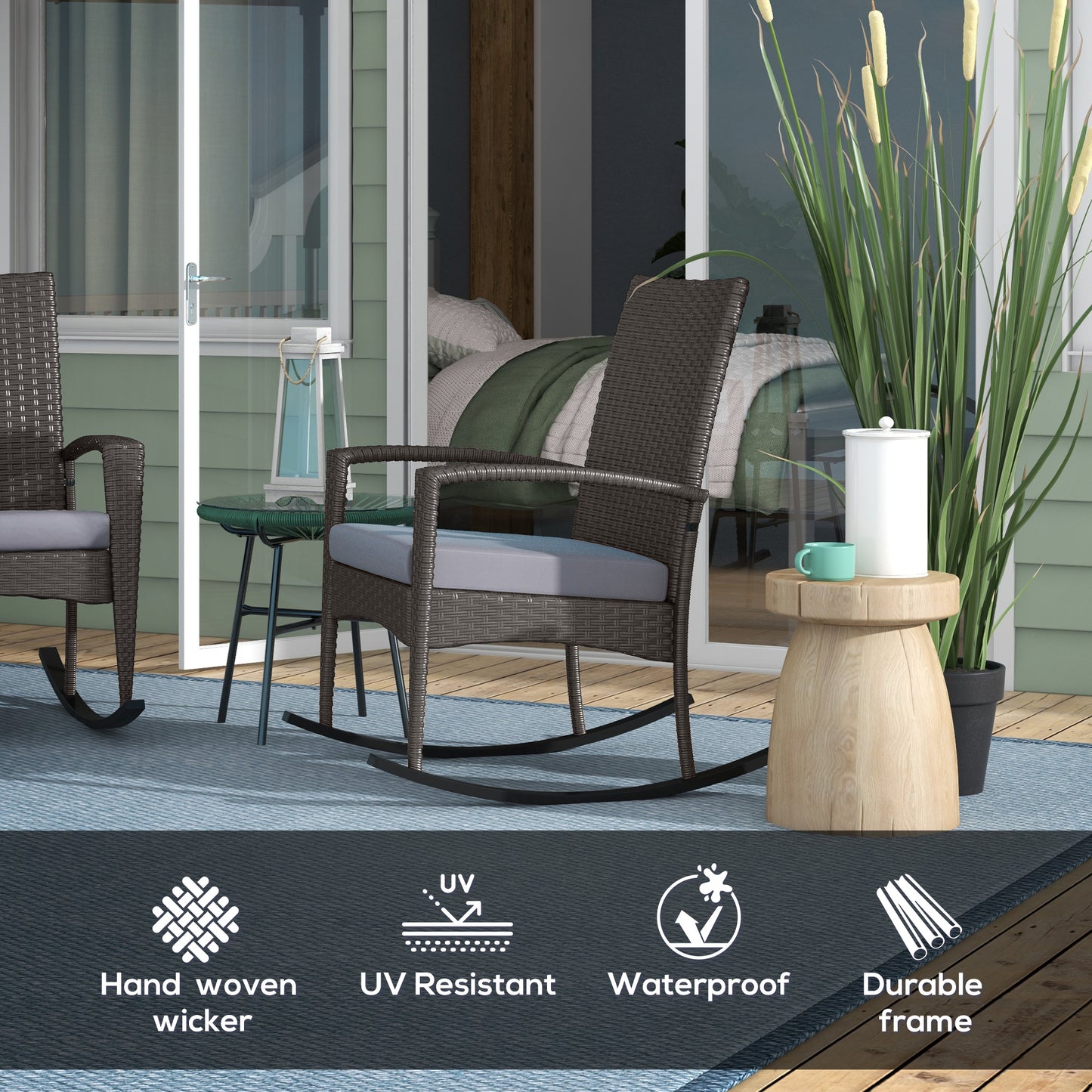 Lora Set Of 2 Grey Rattan Outdoor Garden Rocking Chairs With Cushions