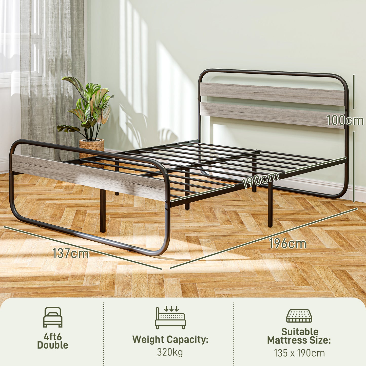 Cozine 4FT6 Grey and Black Metal Industrial Double Platform Bed Frame