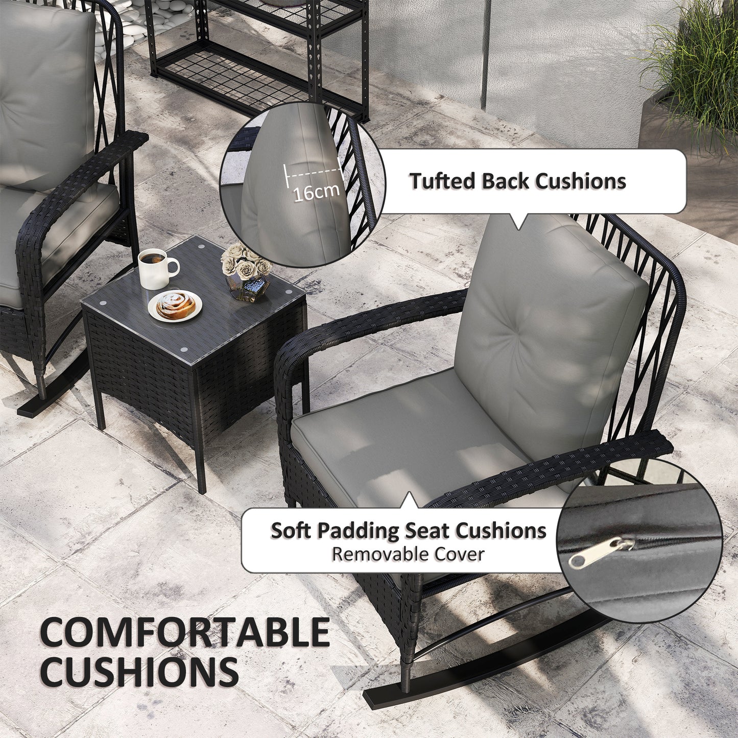 Nassotti Rattan Black 3 Piece Rocking Bistro Set Grey Cushions