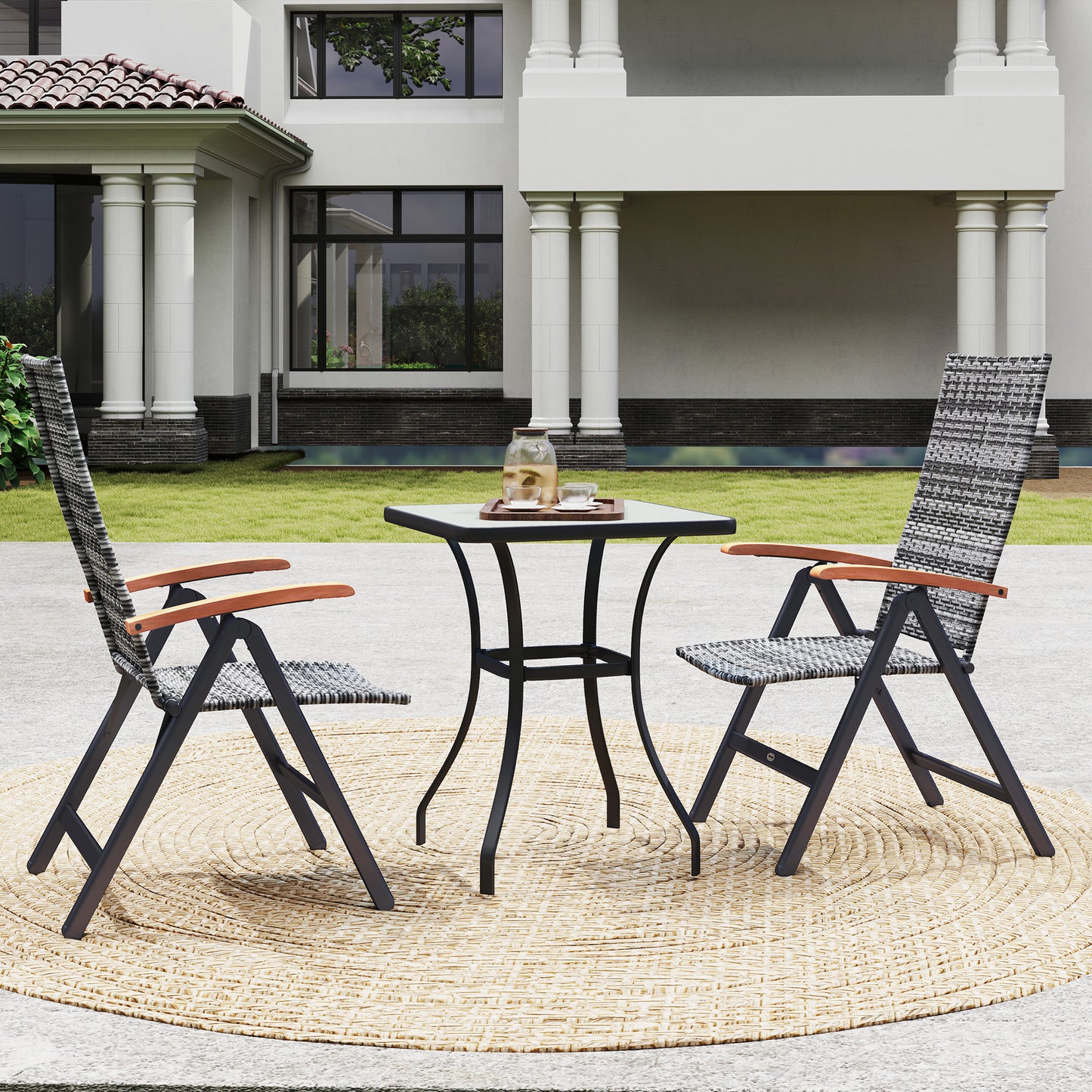 Nihara Rattan Light Grey Folding Garden Dining Chairs Set Of 2 With Reclining Back And Wooden Armrests
