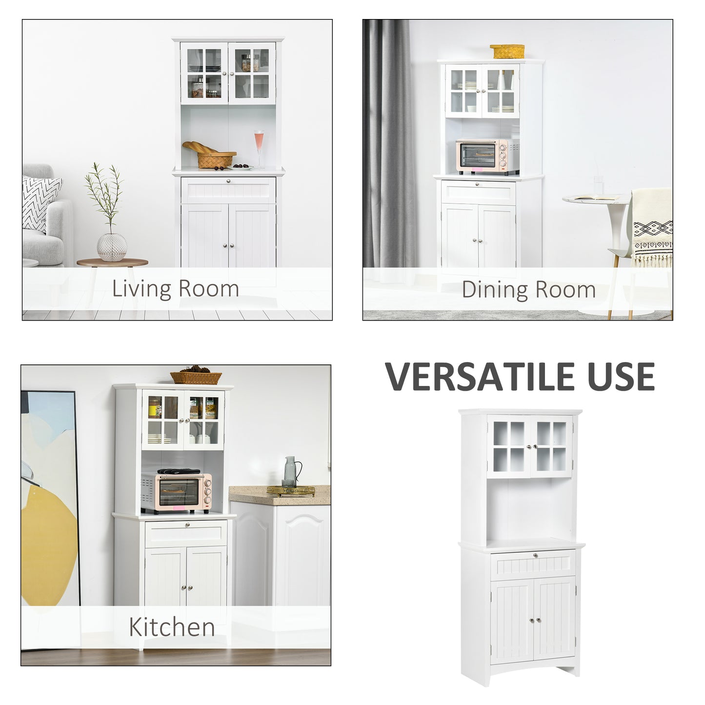 Banira Wooden White Kitchen Cupboard With Framed Glass Door Drawer And Microwave Shelf