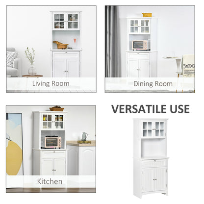 Banira Wooden White Kitchen Cupboard With Framed Glass Door Drawer And Microwave Shelf