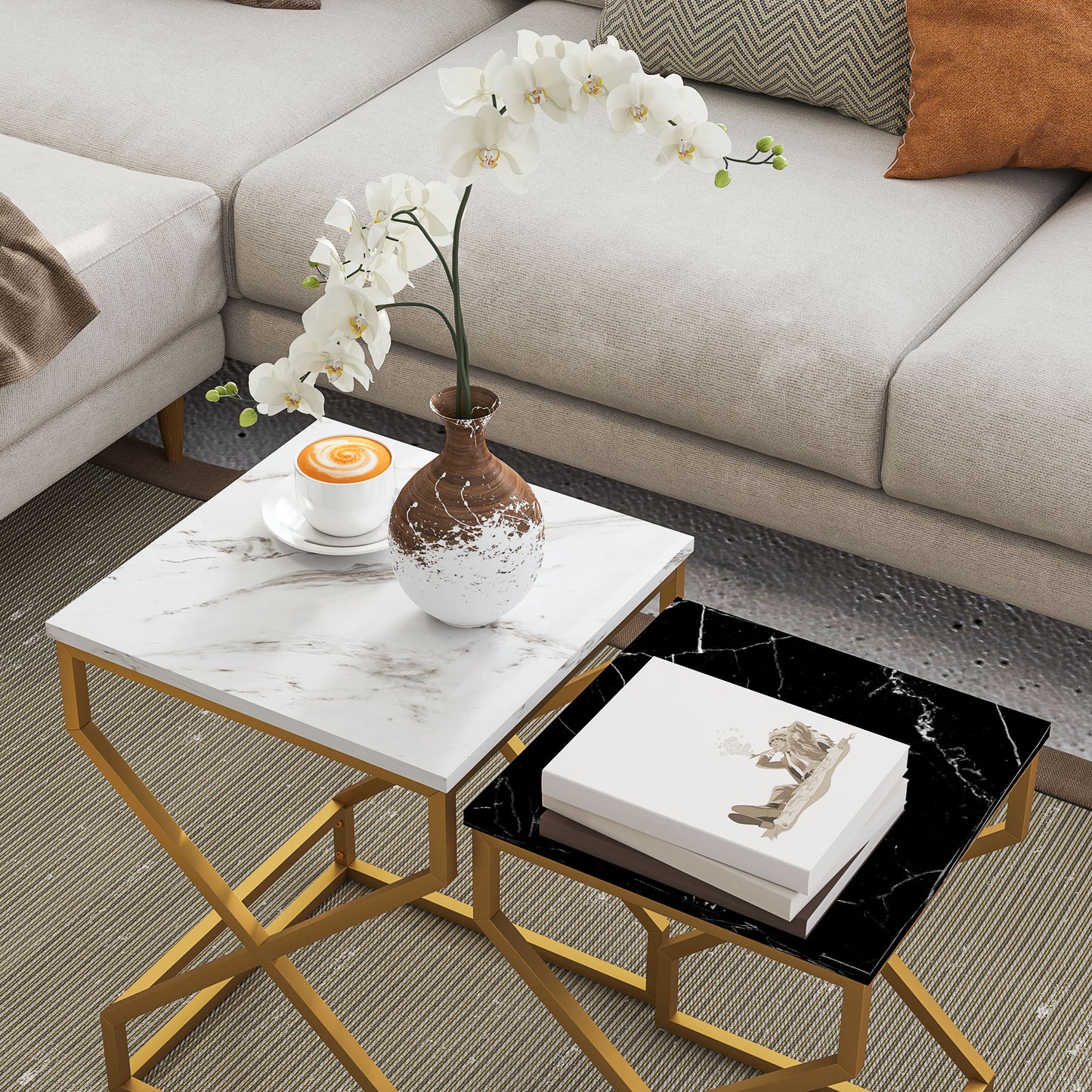 Revi Set Of 2 Marble Effect Nesting Side Tables Gold Metal Legs