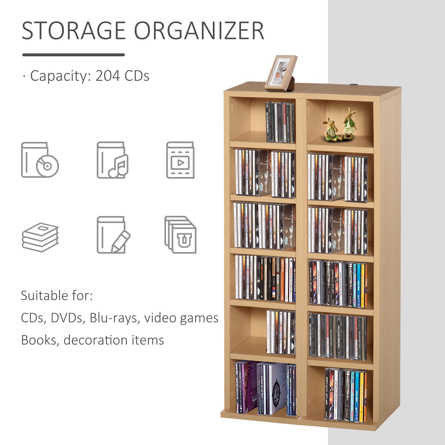 Vave Wood Natural Finish Set Of 2 CD And Blu Ray Media Storage Towers With Adjustable Shelves
