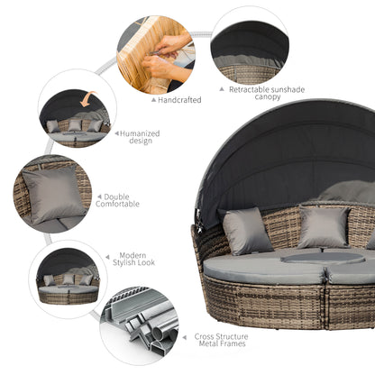 Leluri Faux Rattan Dark Grey Round Daybed Outdoor Canopy Table And Cushions