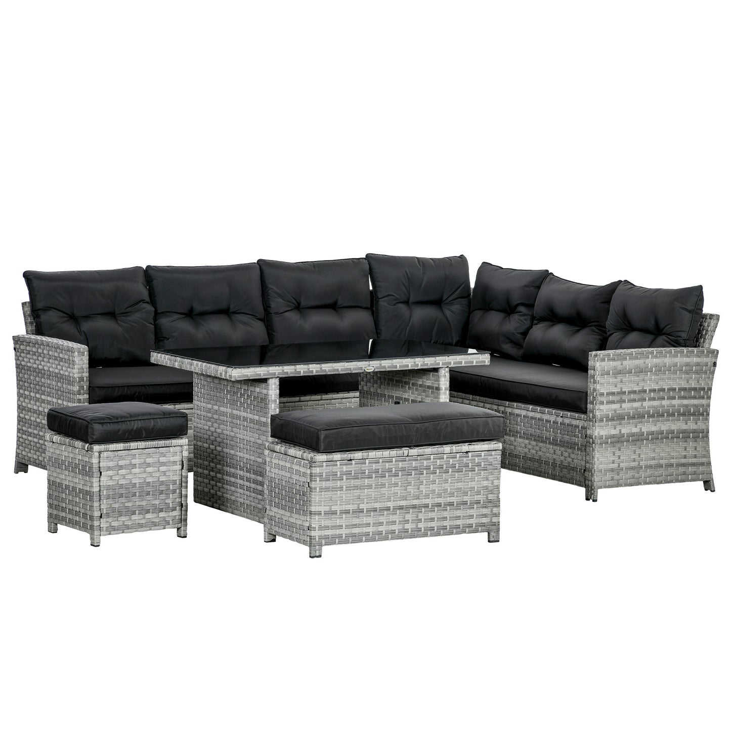 Sakale Grey Rattan 9 Seater Garden Furniture Set With Corner Sofa Footstools And Glass Table