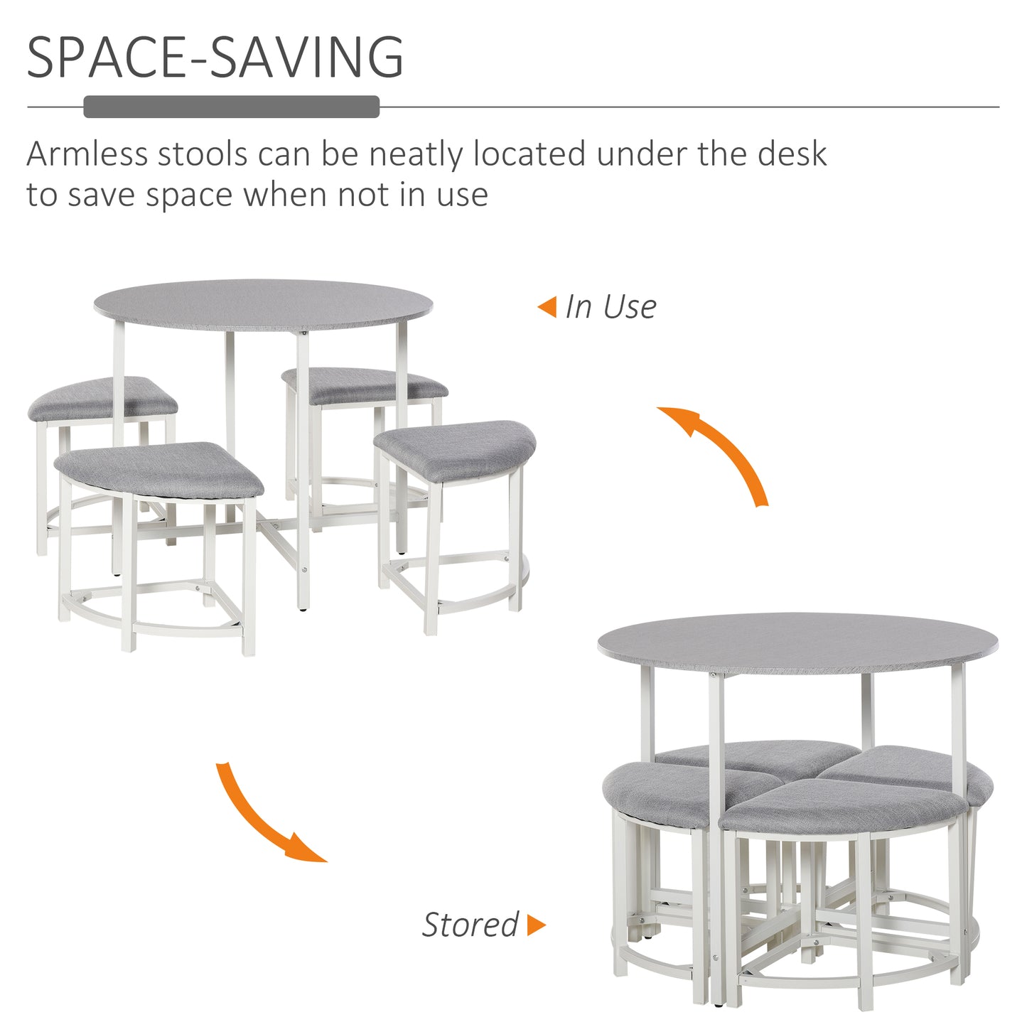 Bavino Metal And Fabric Grey Round Dining Table With 4 Upholstered Stools