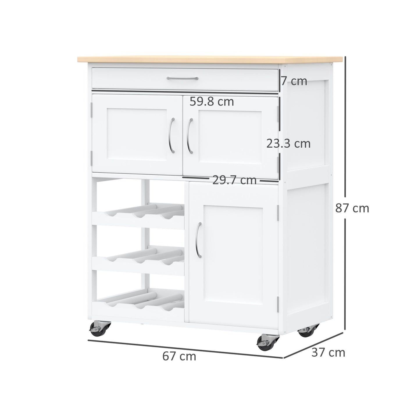 Hala Wooden White Rolling Kitchen Island With Wine Rack 1 Drawer 3 Doors