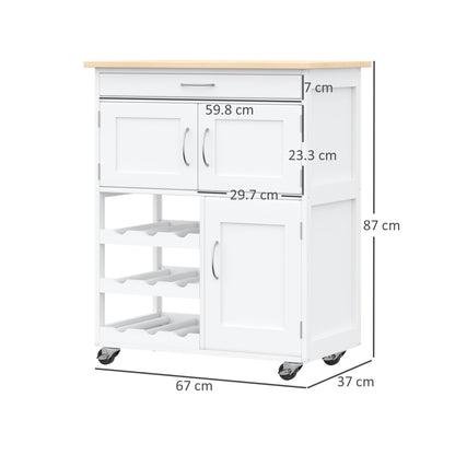Hala Wooden White Rolling Kitchen Island With Wine Rack 1 Drawer 3 Doors