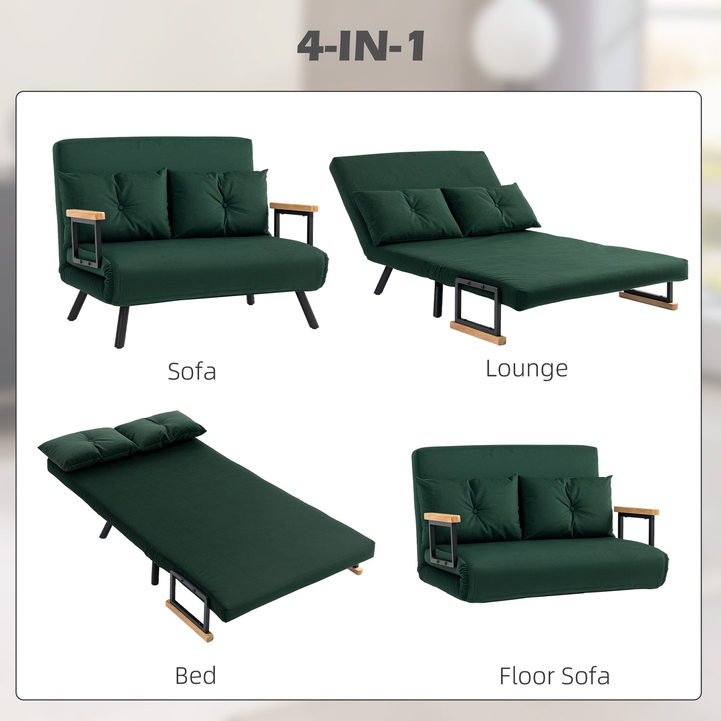 Dorama Riri Green 4 In One Convertible Double Sofa Bed With Cushions