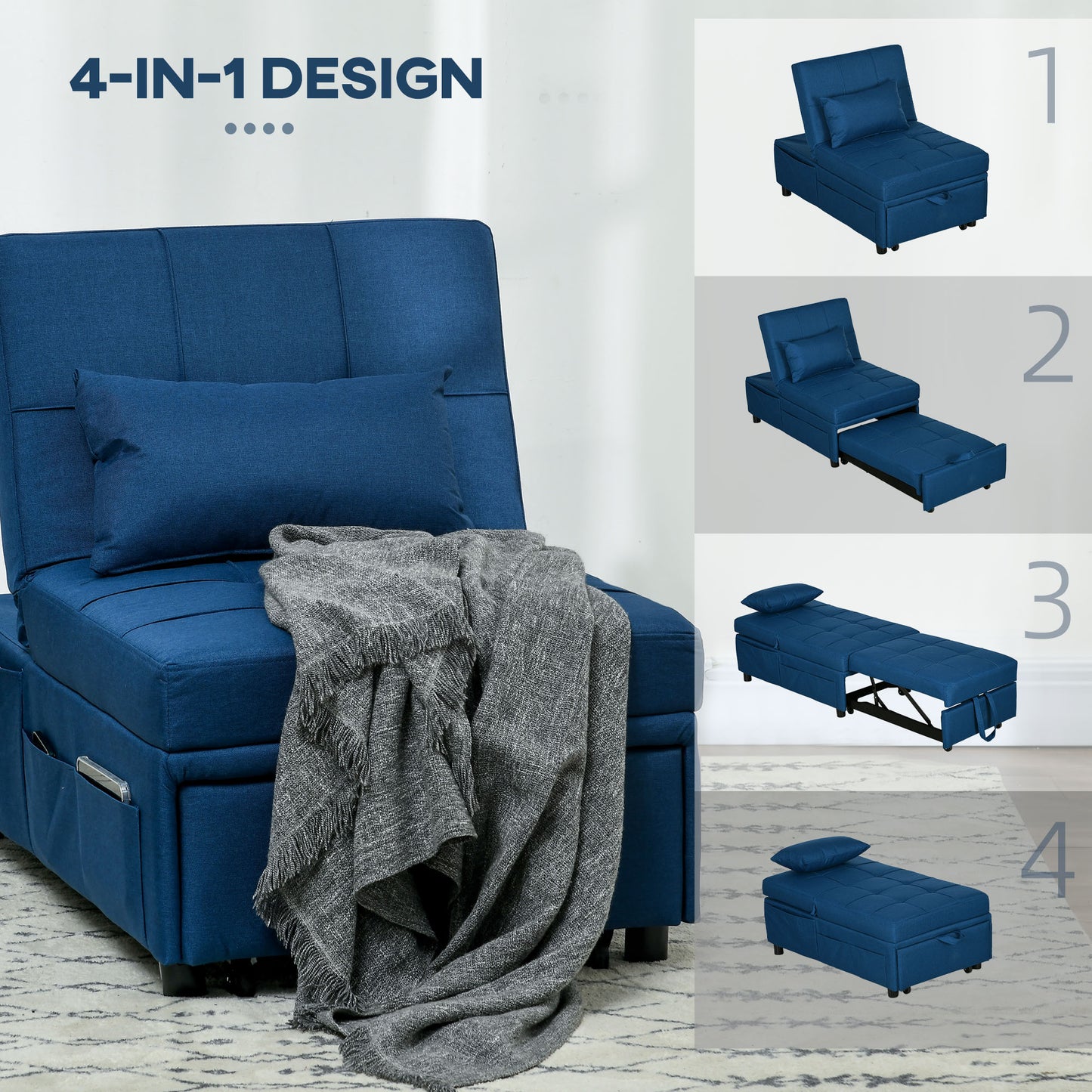 Leve Fabric Blue 4 In One Convertible Chair Bed With Adjustable Back Side Pocket Wheels And Pillow
