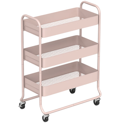 Noluli Doha Metal Light Pink 3 Tier Rolling Utility Trolley With Mesh Baskets