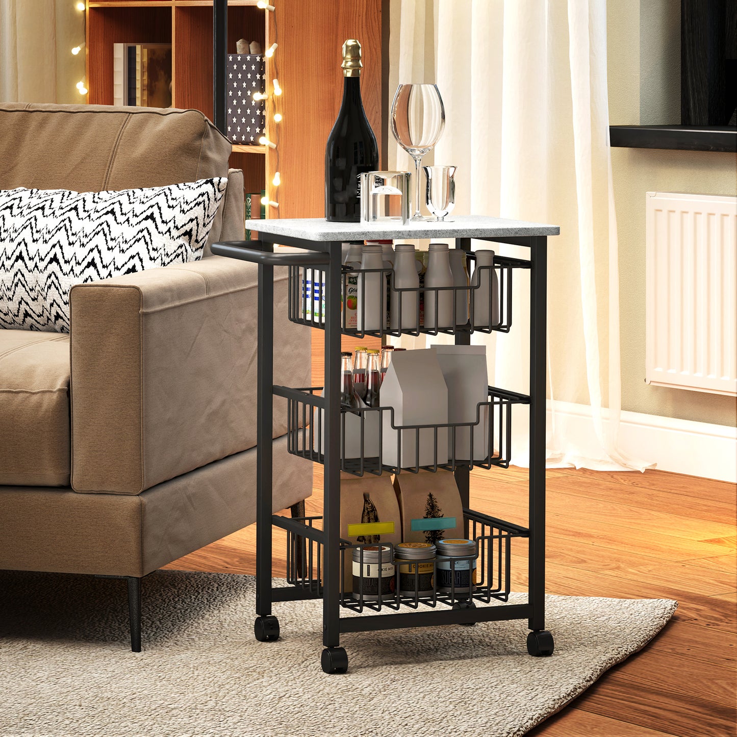 Firo Metal Grey And Black 3 Basket Mobile Kitchen Trolley With Locking Wheels