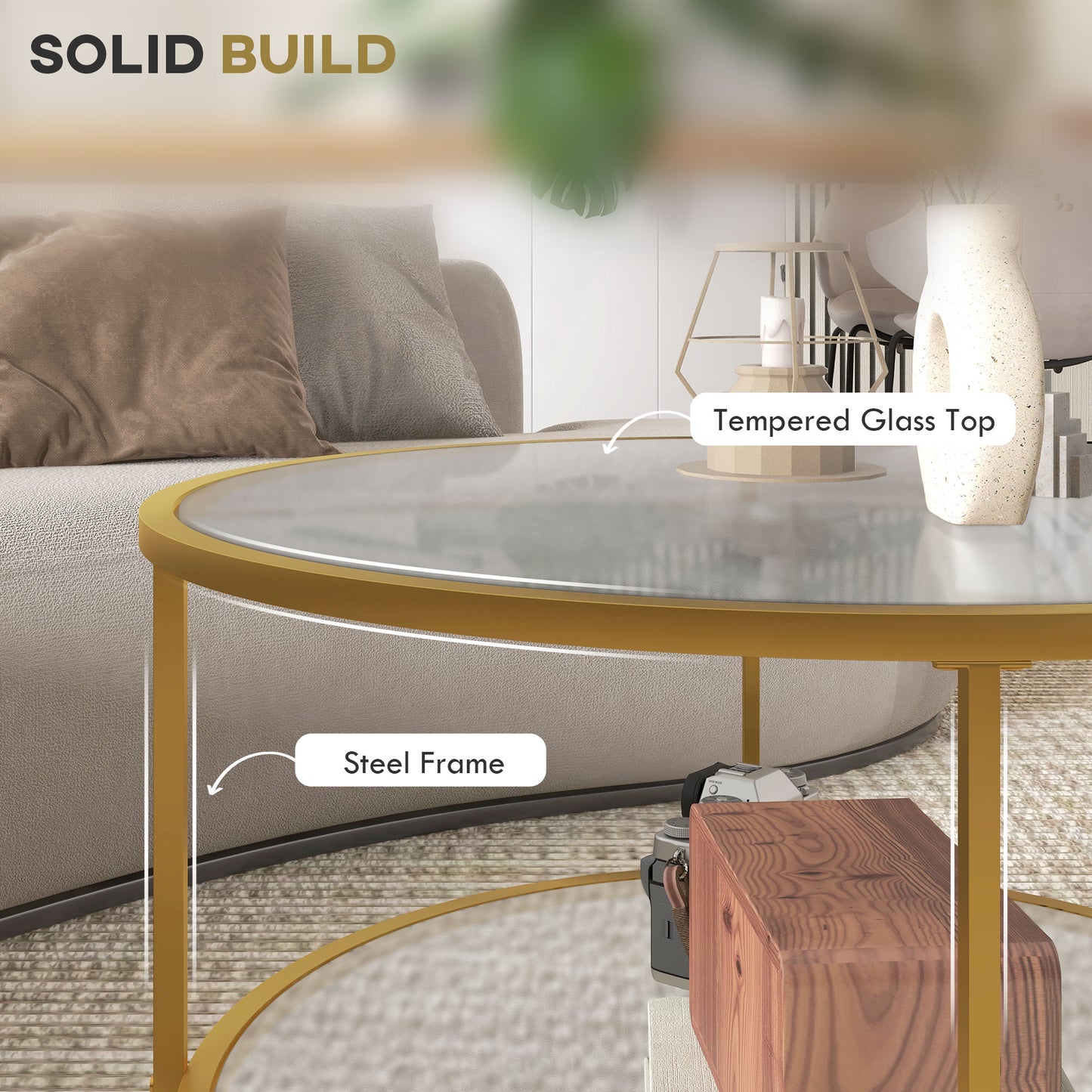 Tosomi Metal And Glass Gold Tone Round 2 Tier Coffee Table With Storage Shelf