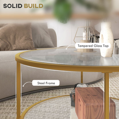 Tosomi Metal And Glass Gold Tone Round 2 Tier Coffee Table With Storage Shelf