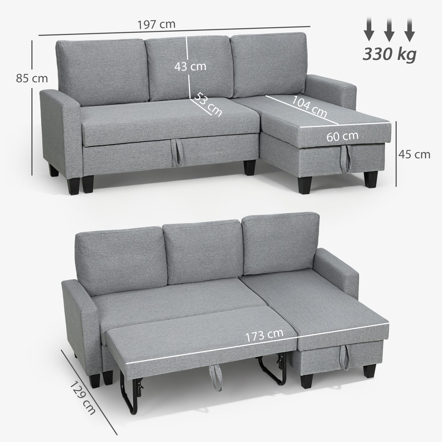 Fima Light Grey Fabric Upholstered 3 Seater Sofa Bed With Storage