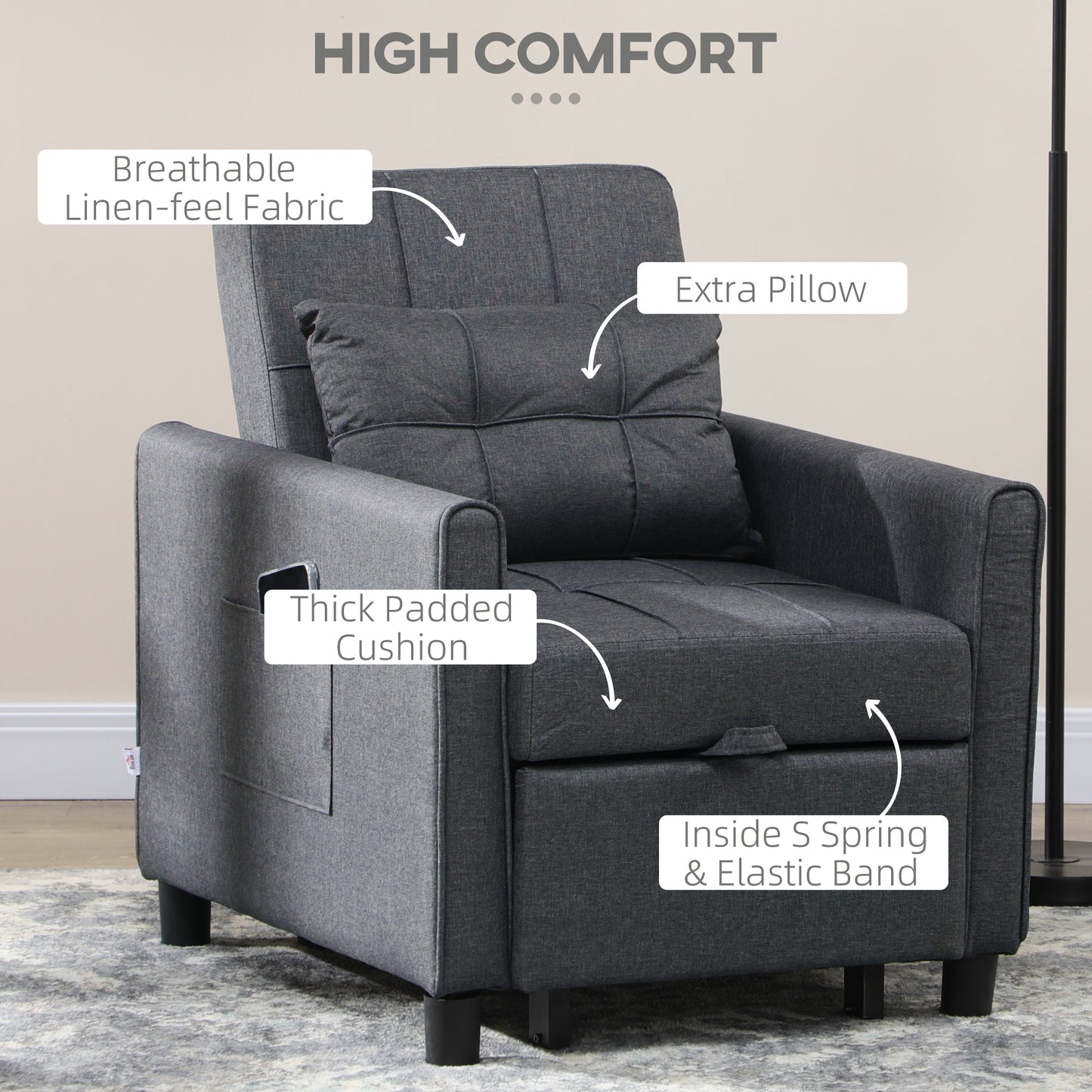 Remina Linen Look Grey 3 In One Single Chair Bed