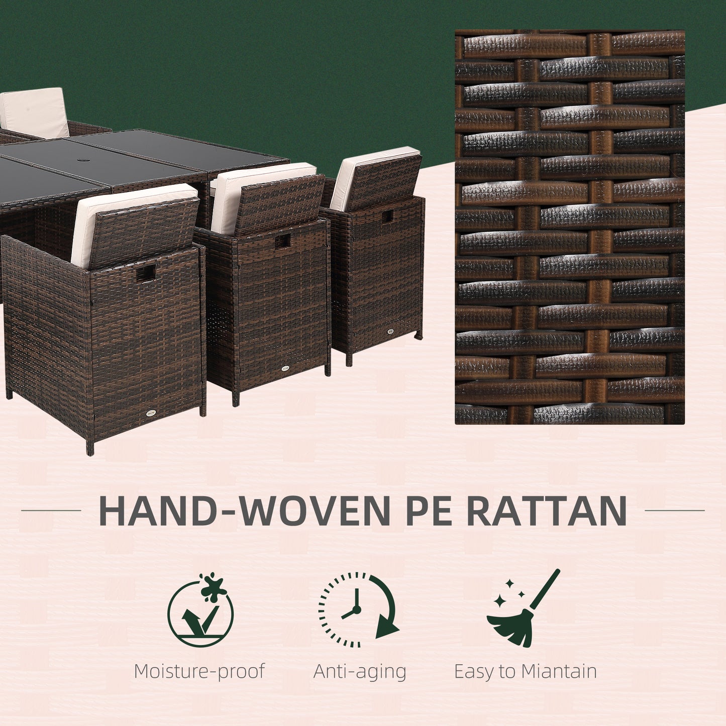 Mafa Rattan Brown 10 Seater Cube Outdoor Dining Set With Cushions And Rectangular Glass Table