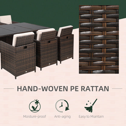 Mafa Rattan Brown 10 Seater Cube Outdoor Dining Set With Cushions And Rectangular Glass Table