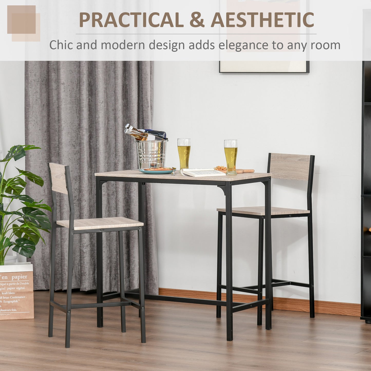 Noro Metal And Wooden Industrial 3 Piece Breakfast Bar Set With Stools