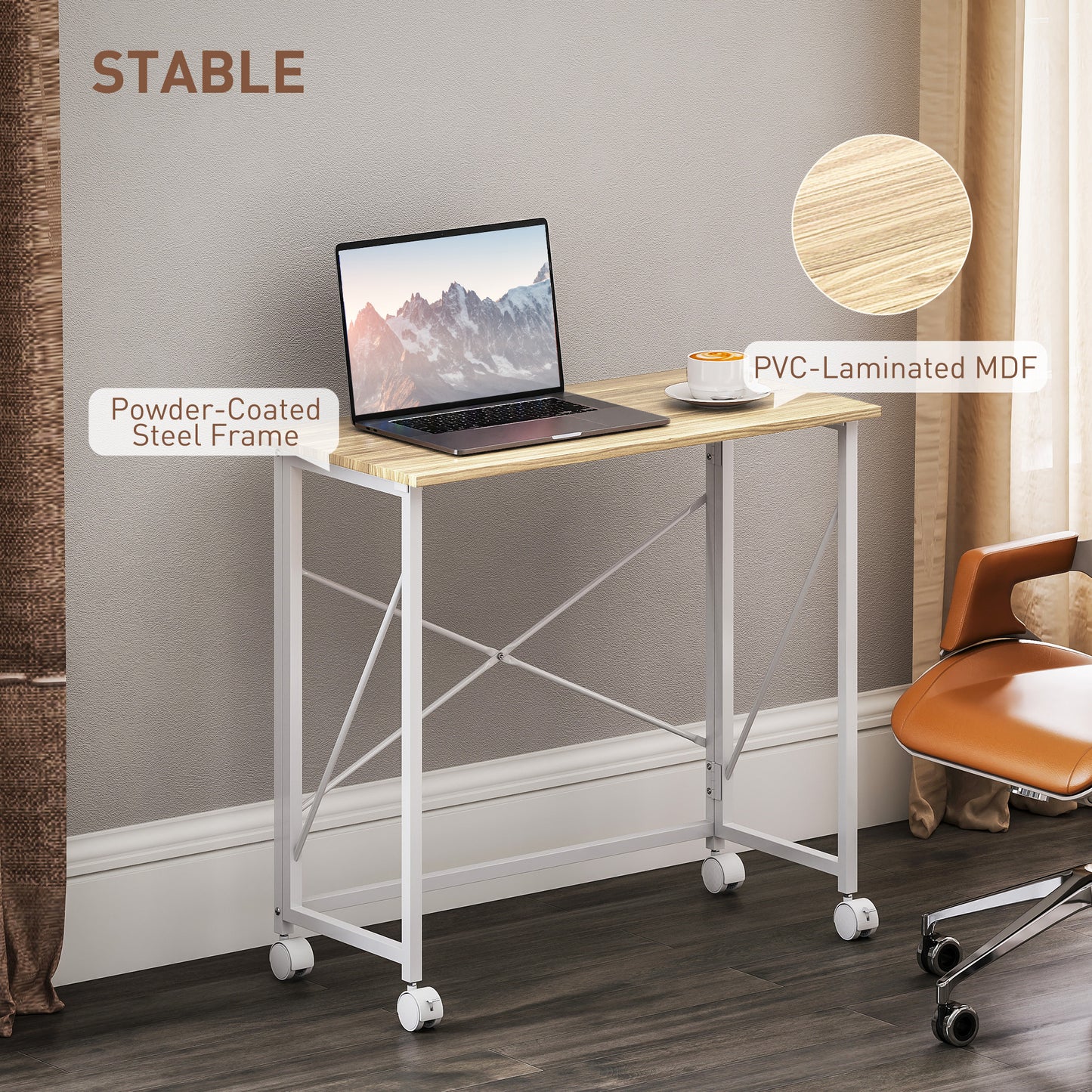 Yokare 80cm Wooden Natural and White Folding Desk On Wheels