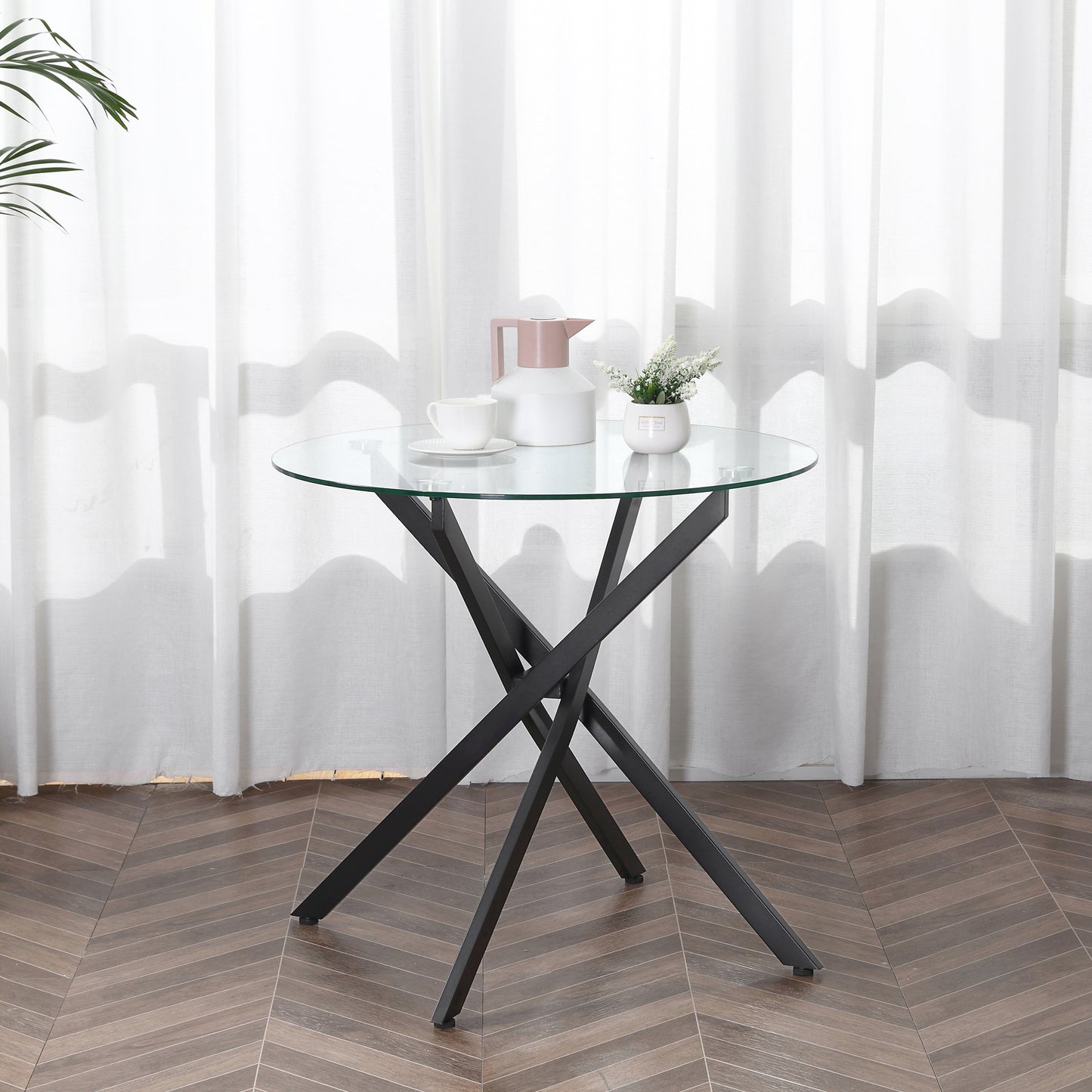 Bama Metal Black Round Glass Dining Table With Clear TemFauxred Top For Living And Dining Rooms