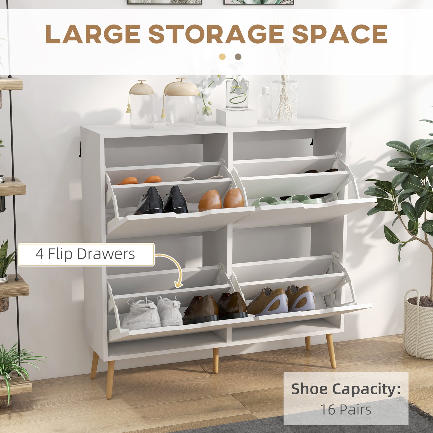 Toyo Wooden White Shoe Cabinet With 4 Flip Drawers for 16 Pairs