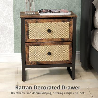 Mata Coyo Brown Industrial Bedside Table Wicker 2 Drawers
