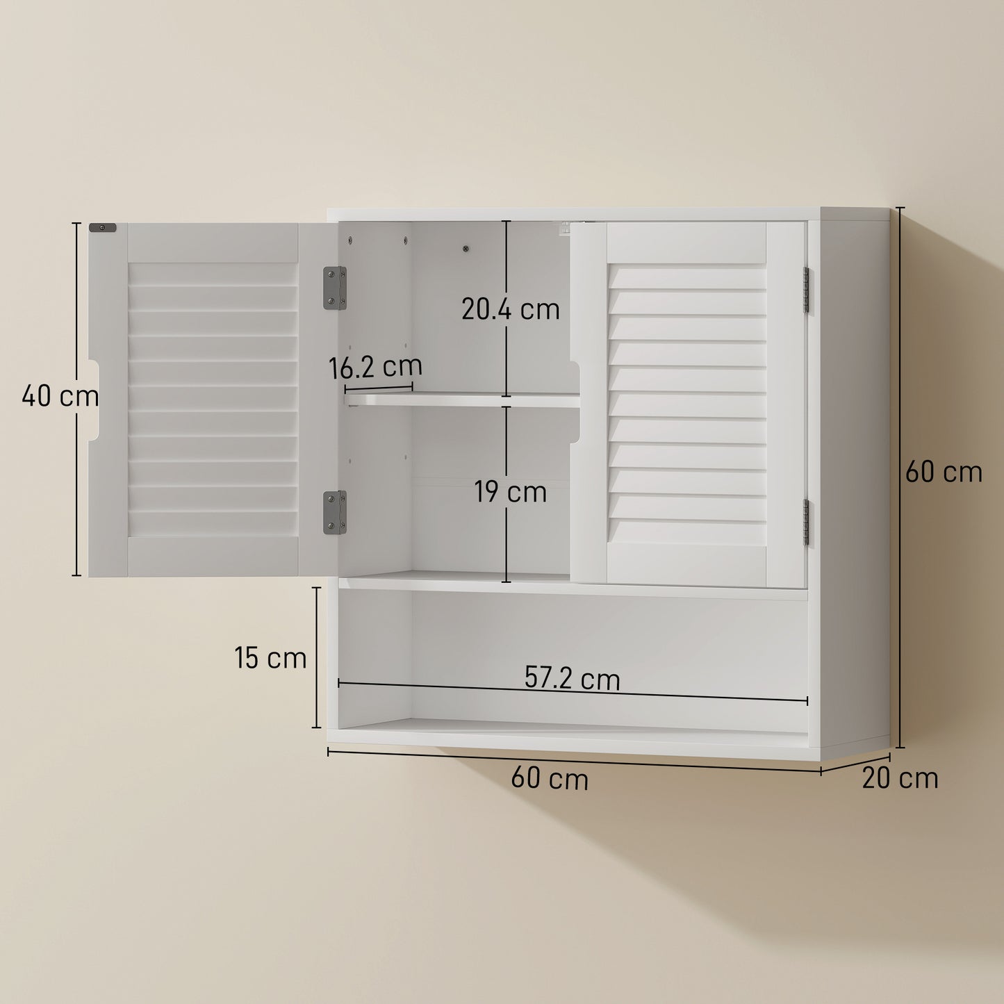 Conono Wall Mounted Bathroom Storage Cabinet With Adjustable Shelves White 60 x 20 x 60cm cm