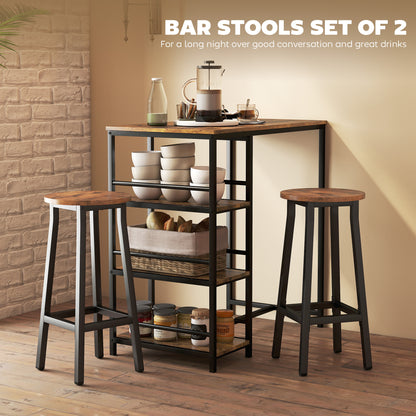 Rema Set Of 2 Rustic Brown Industrial Round Bar Stools With Footrest 65cm
