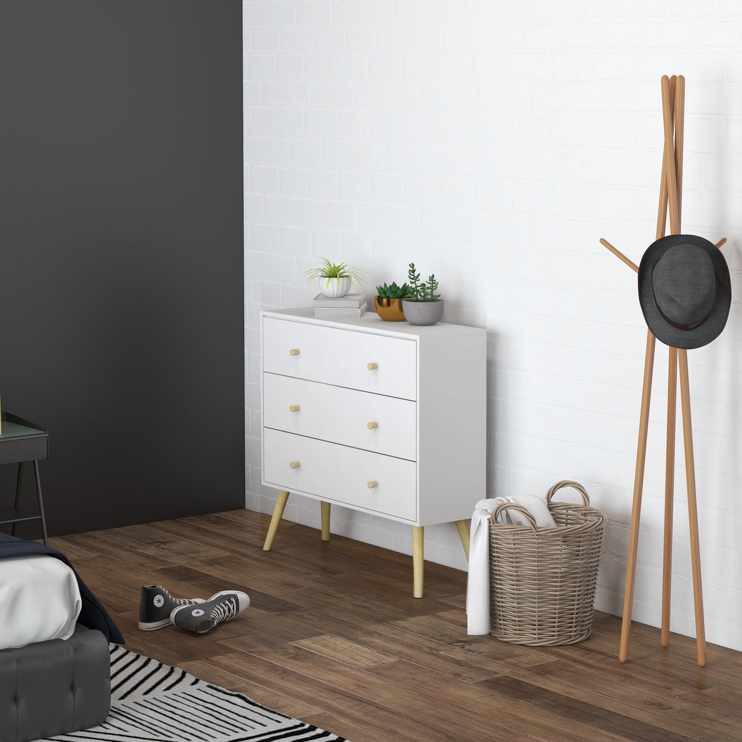 Lerosa Scandi Wooden White 3 Drawer Chest With Natural Wooden Angled Legs