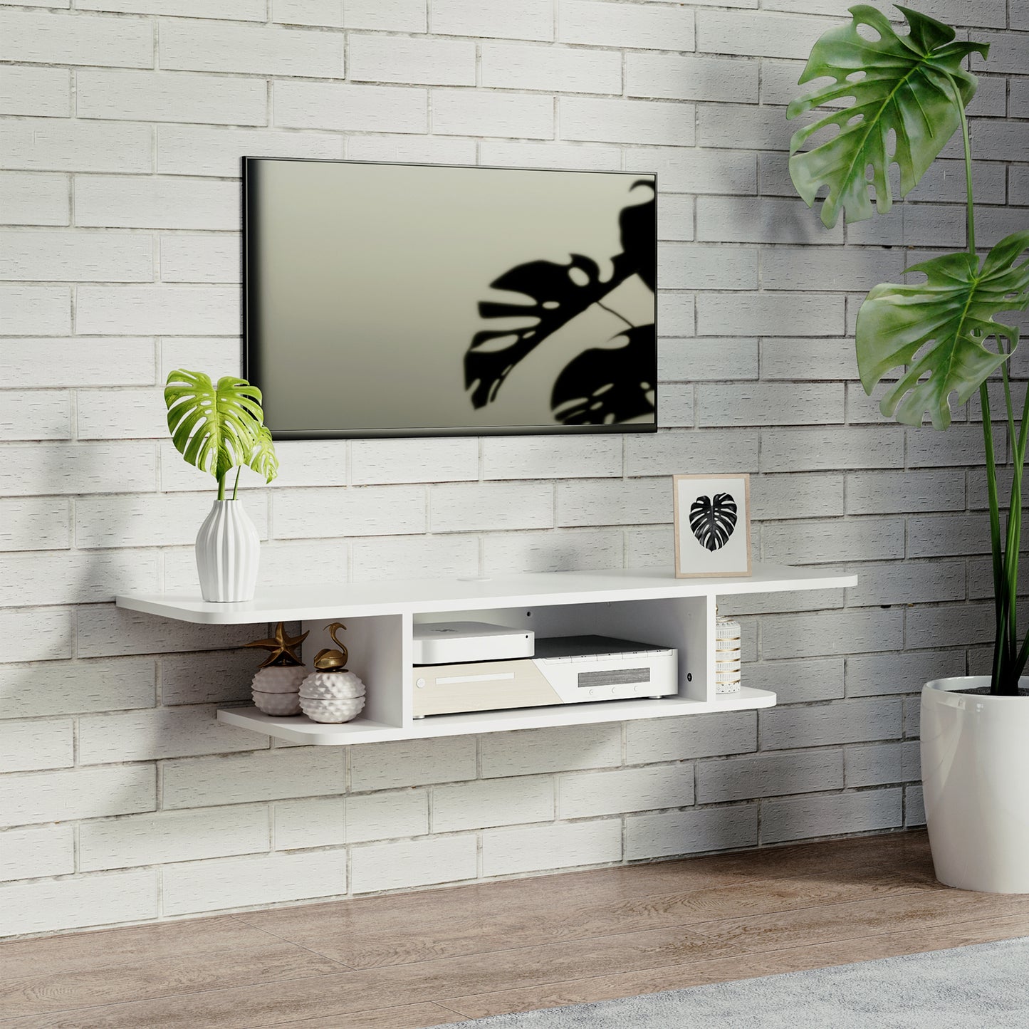 Kere Wooden White Floating TV Unit With OFauxn Shelves For Screens Up To 40 Inches