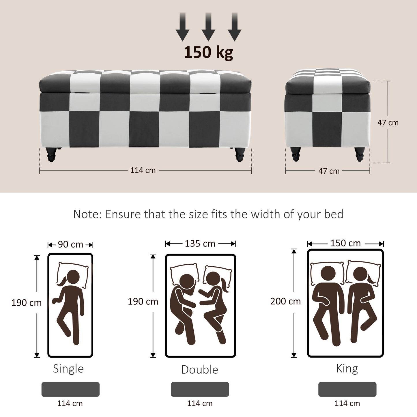 Susula Velvet Dark Grey And White Check Pattern Storage Bench With Wooden Legs