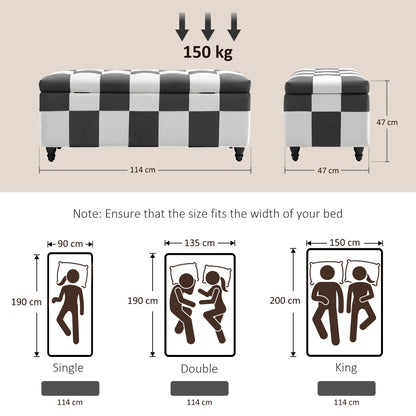 Susula Velvet Dark Grey And White Check Pattern Storage Bench With Wooden Legs