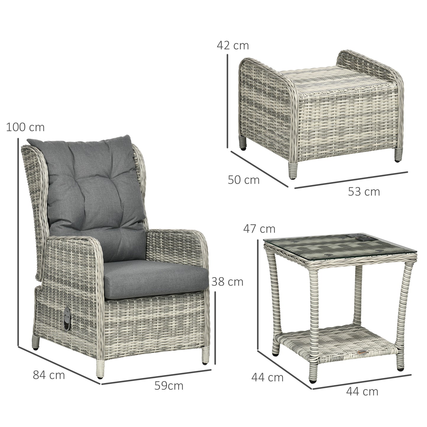 Lusuva Faux Rattan Grey 5 Piece Reclining Bistro Set With Footstools Cushions And Glass Table