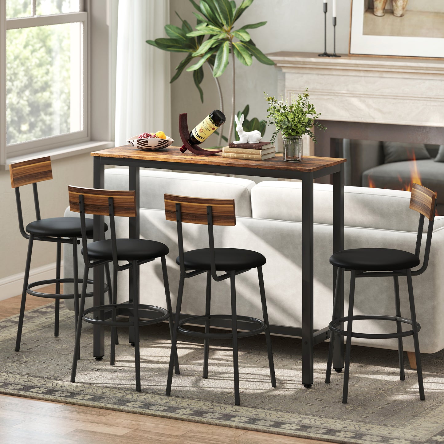 Bazila Rustic Brown Wood Effect Rectangular Bar Table Industrial Breakfast Dining Design