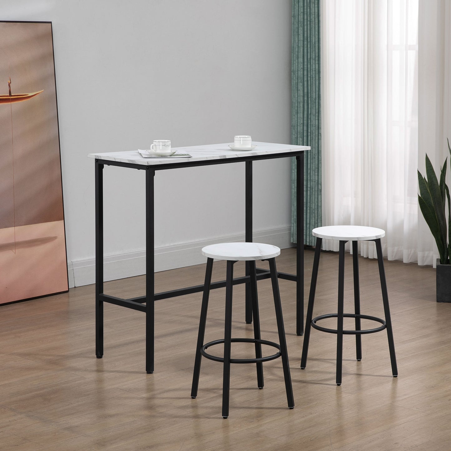 Telano Marble Effect White And Black 3 Piece Bar Table And Stool Set
