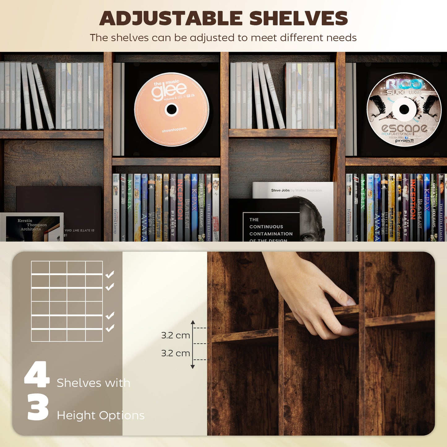 Limi Wooden Rustic Brown Adjustable CD Storage Cabinet 89 x 130.5 cm
